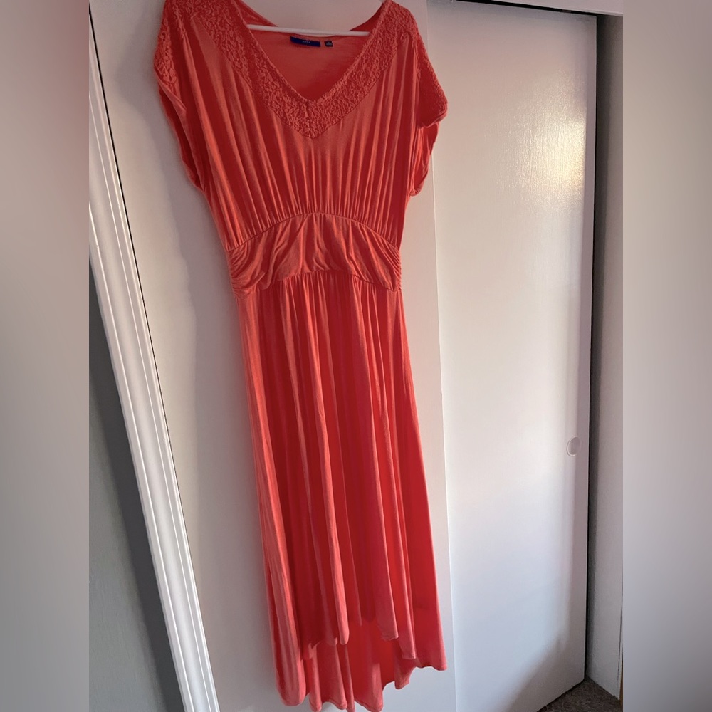 Orange pink dress.